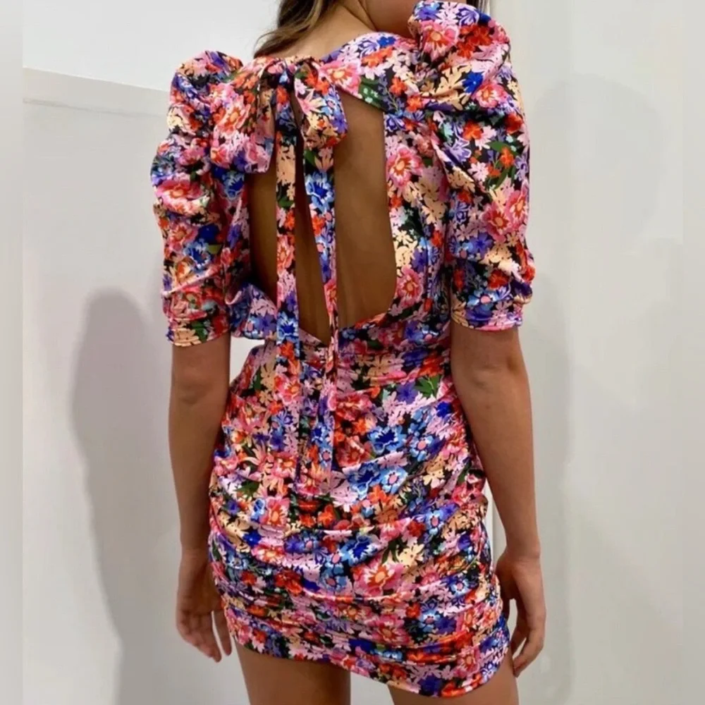 For Love & Lemons Bouquet Floral Puff-Sleeve Ruched Mini Dress - Picture 2 of 7